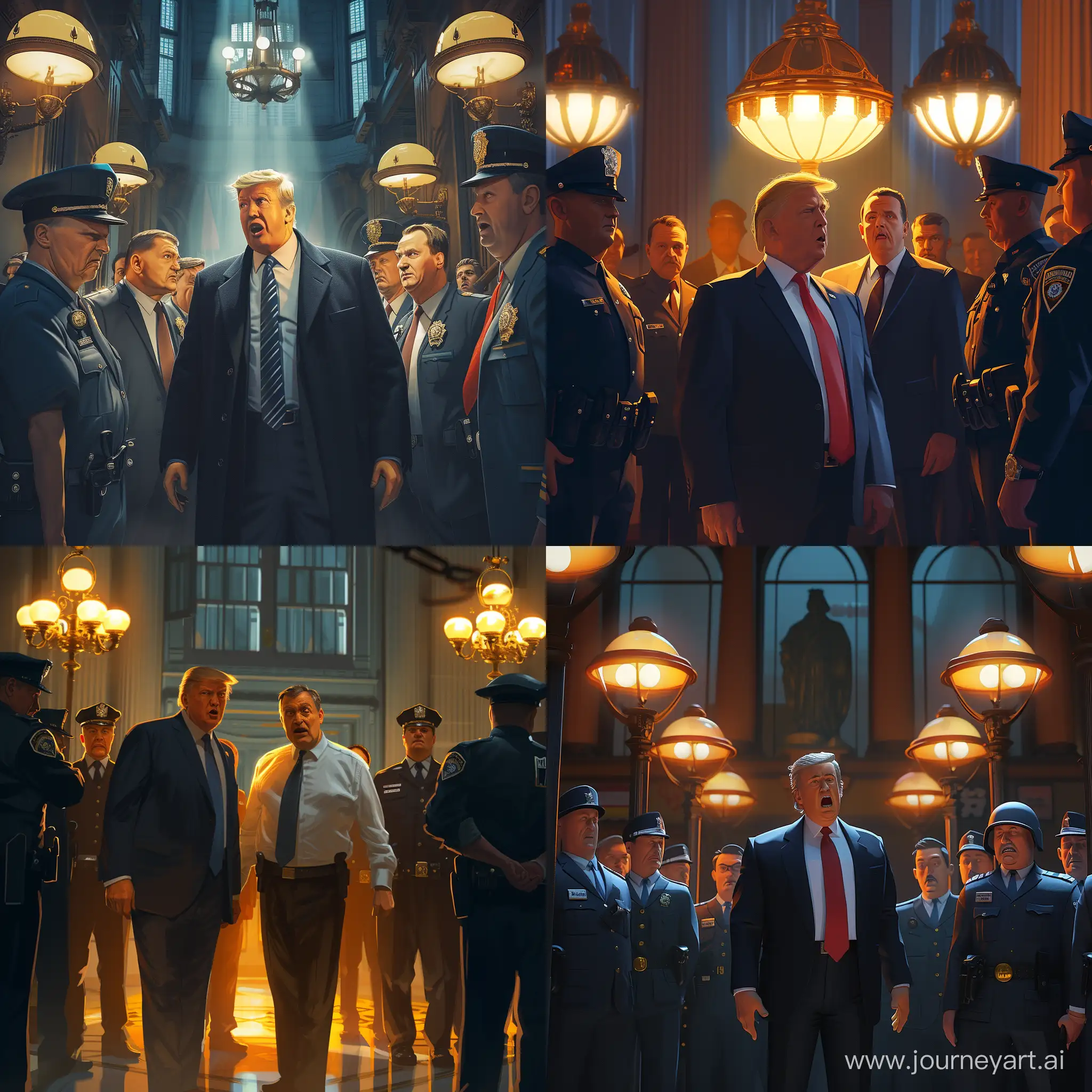 Сцена происходит в освещенной яркими лампами полицейской станции. Трамп и Орбан стоят в центре, окруженные
полицейскими в униформе. Орбан выглядит удивленным, а Трамп - возмущенным. Изображение должно быть отрендерено в реалистичном стиле с высокой детализацией, чтобы передать напряженную атмосферу ареста. Свет от ламп создает резкие тени и отражения, добавляя драматизма сцене. Настроение изображения - напряженное и недовольное, захватывая момент ареста 

