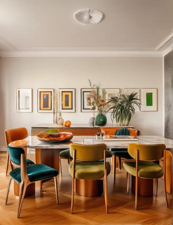Innenraum in kräftigen Farben mit Marmor Esszimmertisch und vier Stühlen, ein großes Gemälde im Hintergrund, moderne Inneneinrichtung, Pflanzen auf dem Tisch