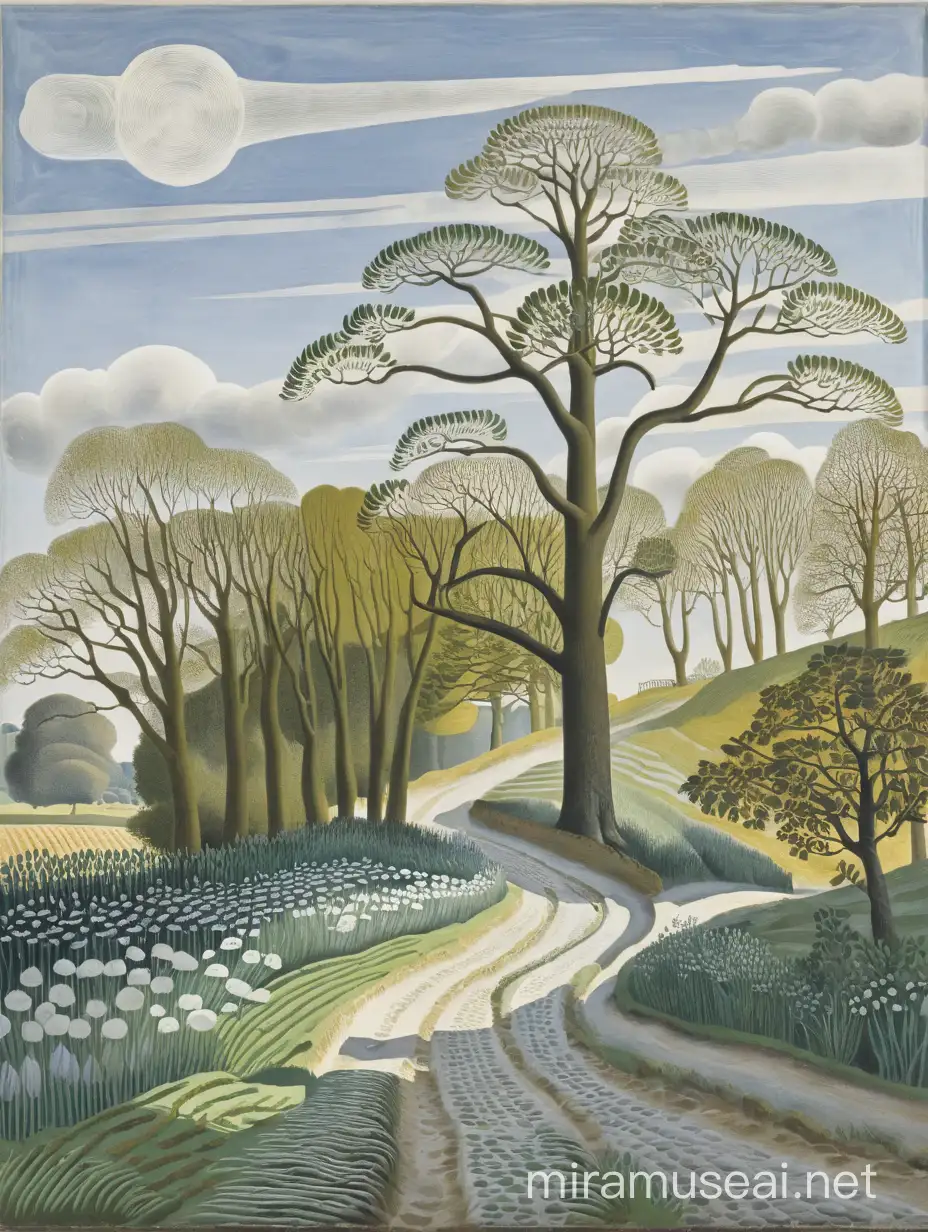 painting by Eric Ravilious of tree, path, woodland