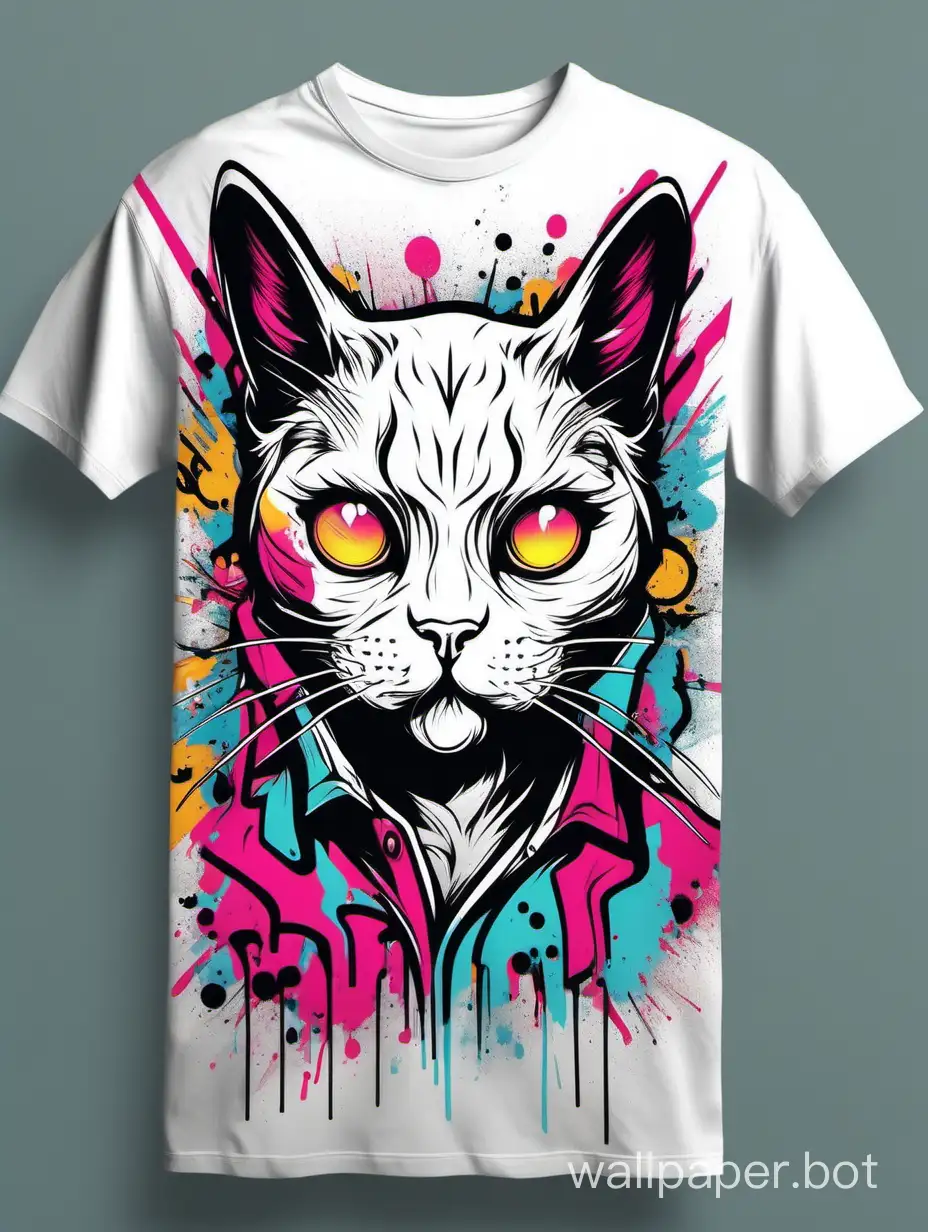 t shirt mockup template, long shirt, street art style, monochrome abstract cat illustration on shirt, duocolor  lineart, explosive colors