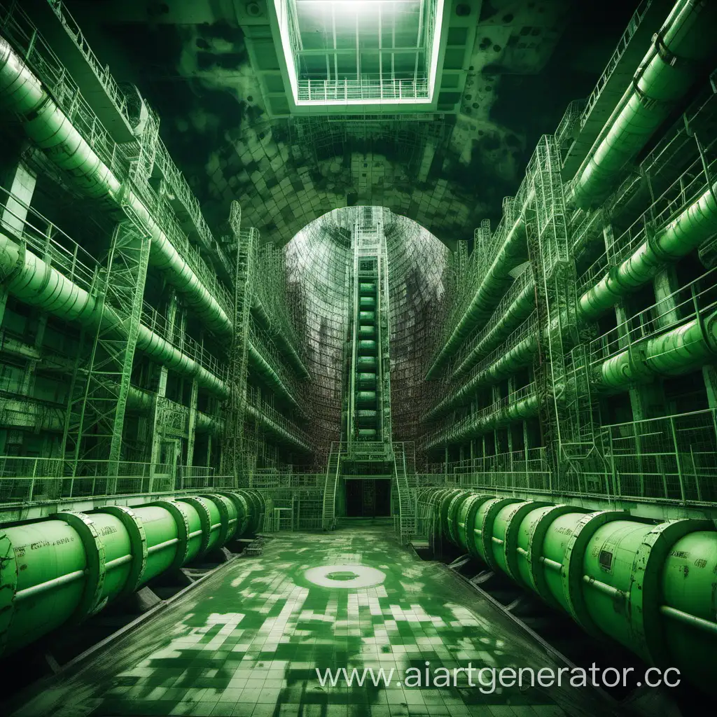 реакторы чернобыля,  мульти графика, темно-зеленая графика, вид изнутри реактора
