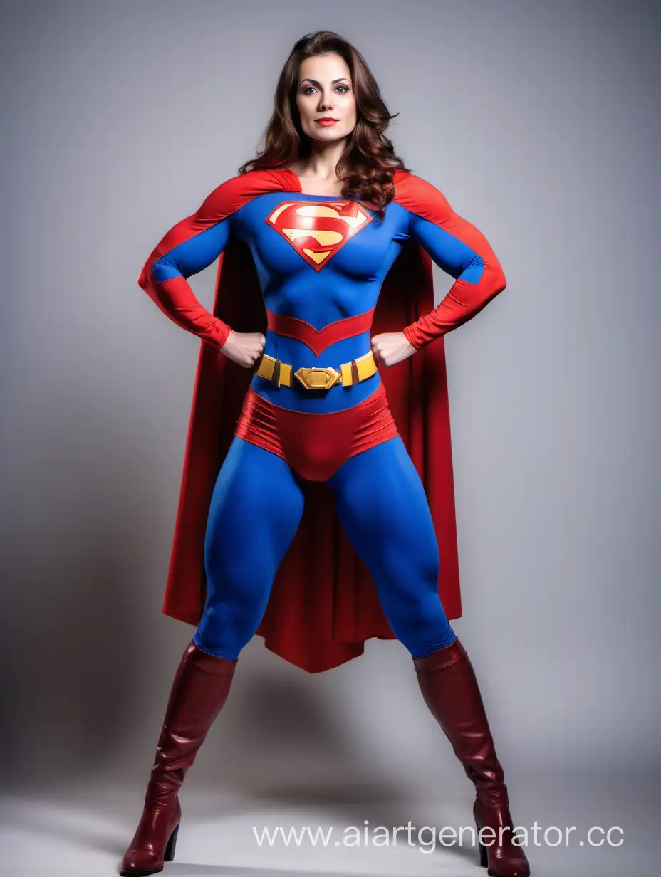 A pretty woman with brown hair, age 27. She is confident and strong. She is extremely muscular. Her arm muscles are over overdeveloped. Her leg muscles are over overdeveloped. Her chest muscles are over overdeveloped. Her abdominal muscles are over overdeveloped. She is wearing a Superman costume with (blue leggings), long sleeves, red briefs, red boots, and a long flowing cape. She is posed like a superhero, strong and powerful. Enormous muscles expand beneath her costume. Bright photo studio.
