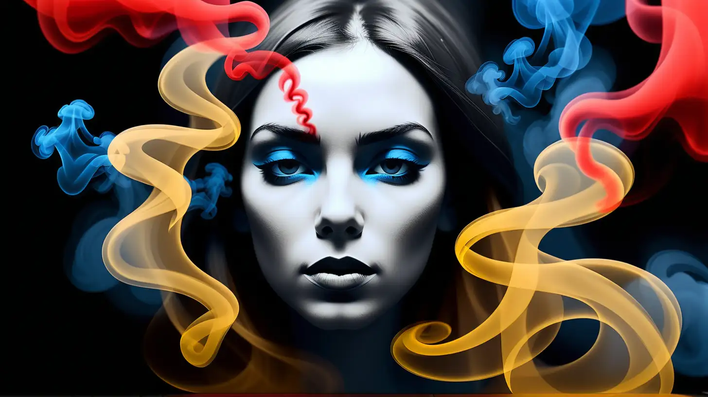 A simplistic artwork depicting a Atractive woman and red smoke mist in double exposure style, minimalistic painting, yellow and blue mist ink design, smoke ink style, straightforward black drawings, streaming outline, dark backdrop, high contrast --ar 16:9 --s 150 --style raw