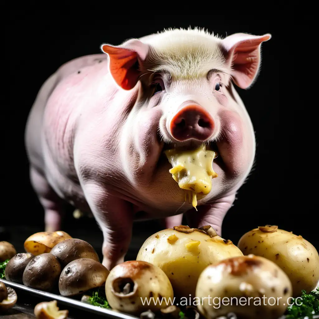 жирная свинья ест картофель с грибами