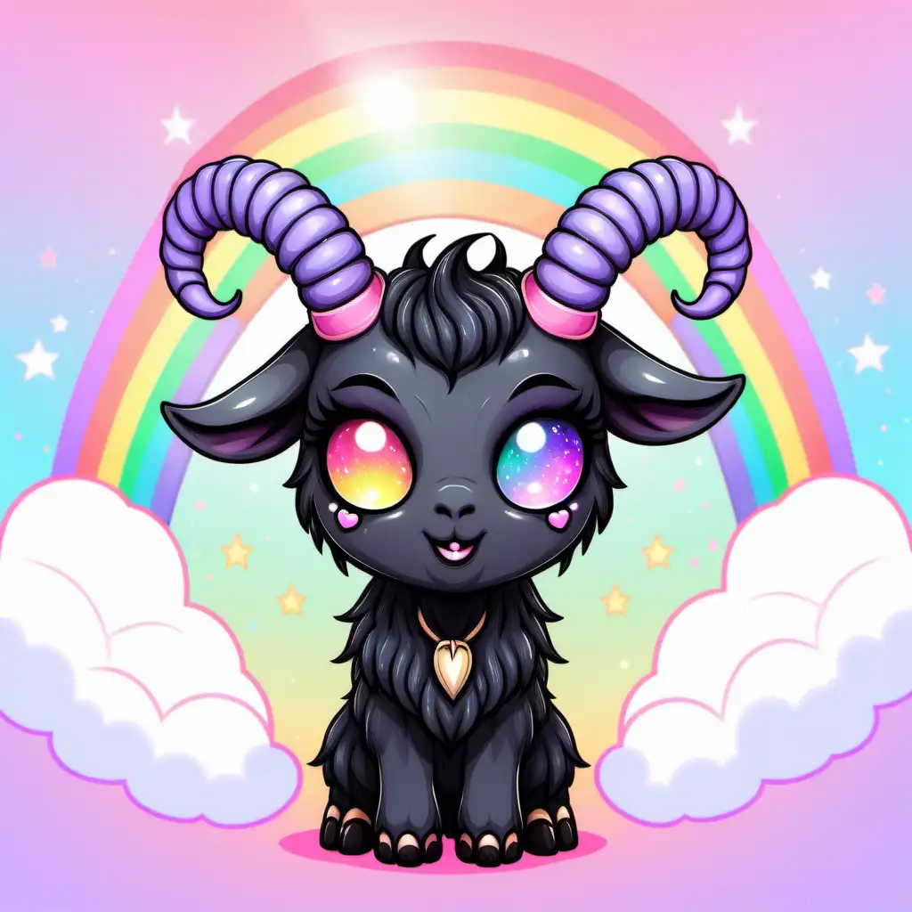 Adorable Black Goat Baphomet in Chibi Kawaii Pastel Goth Style with Rainbow