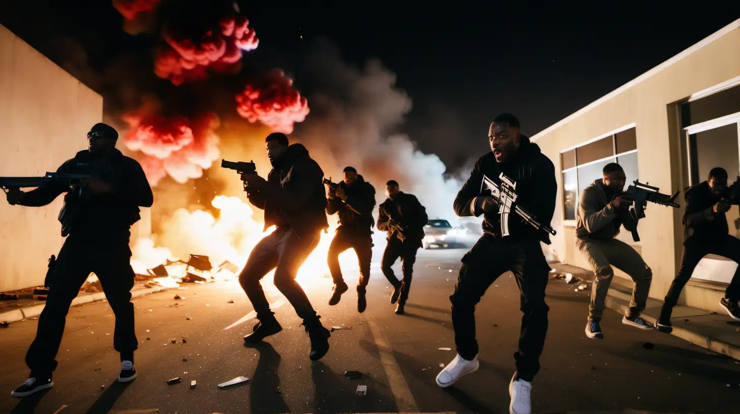 a cinematic scene shot on a Sony a1 6mm 2.8 f: a wide angle shot from 50ft of a group of black men wearing stylish streetwear (tactical) causing chaos holding guns in crocket California, 007, sexy, colorful, spectre, bottom of hill, explosions, gunfire, night time, street fights, people jumping out of windows, riots, destroyed cars