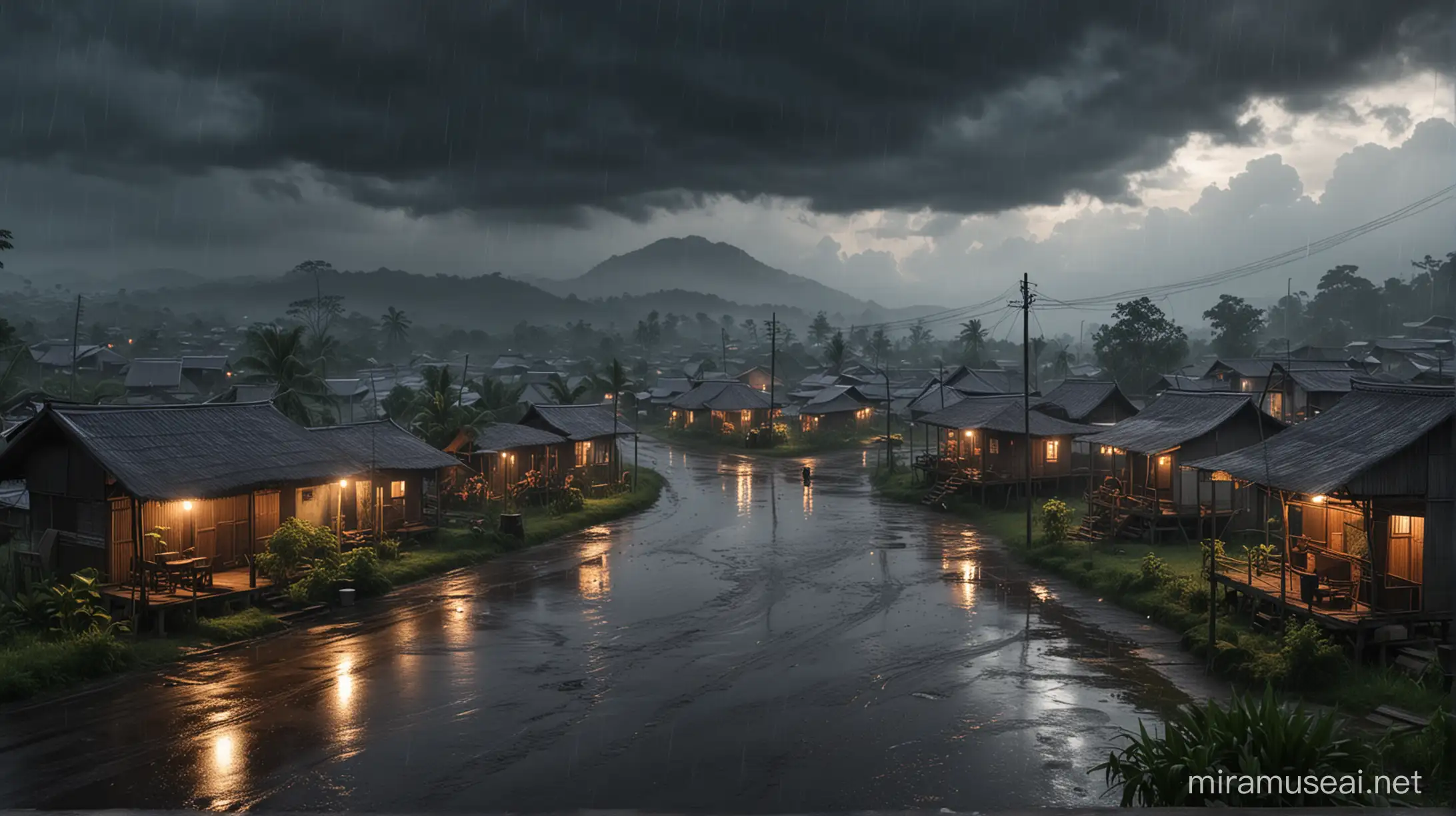 Sebuah desa di Indonesia, Suasana hujan malam hari. Tampak Langit mendung. Realistic 