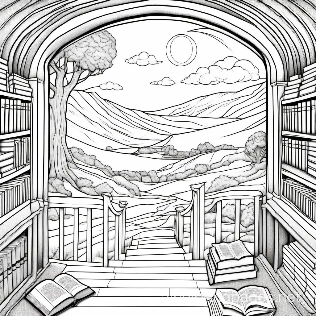 Journey Through Literature for adults, Coloring Page, black and white, line art, white background, Simplicity, Ample White Space. The background of the coloring page is plain white to make it easy for young children to color within the lines. The outlines of all the subjects are easy to distinguish, making it simple for kids to color without too much difficulty
