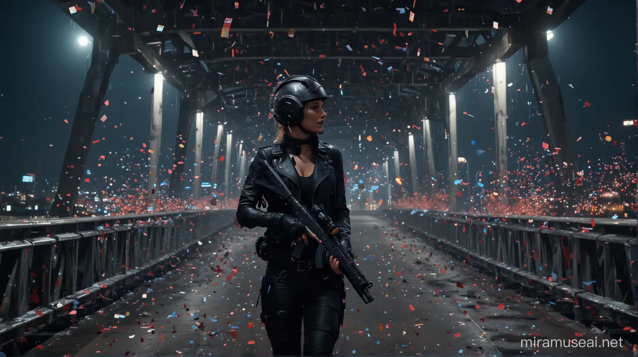 A woman on the futuristic bridge with a biker helmet on at night, with a shotgun in her hand, flying confetti, HD, with blood under the bridge