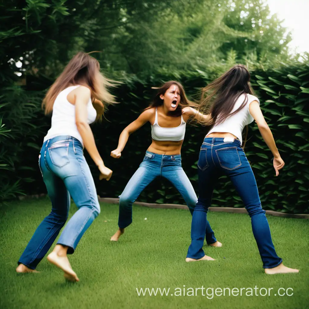 Women fight backyard on grass in jeans barefoot 