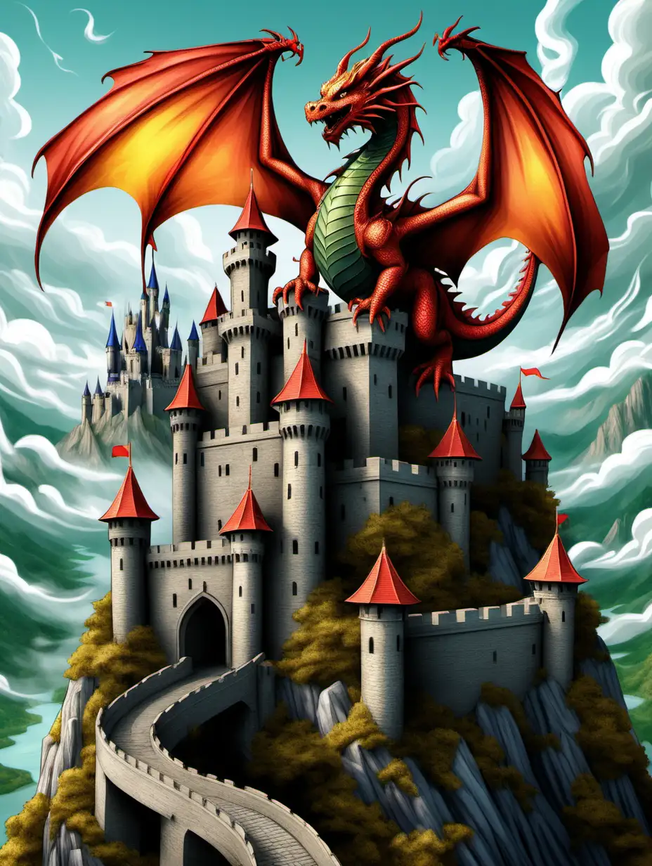 illustrations, vivid color,dragon on  castle, high detail, no shading