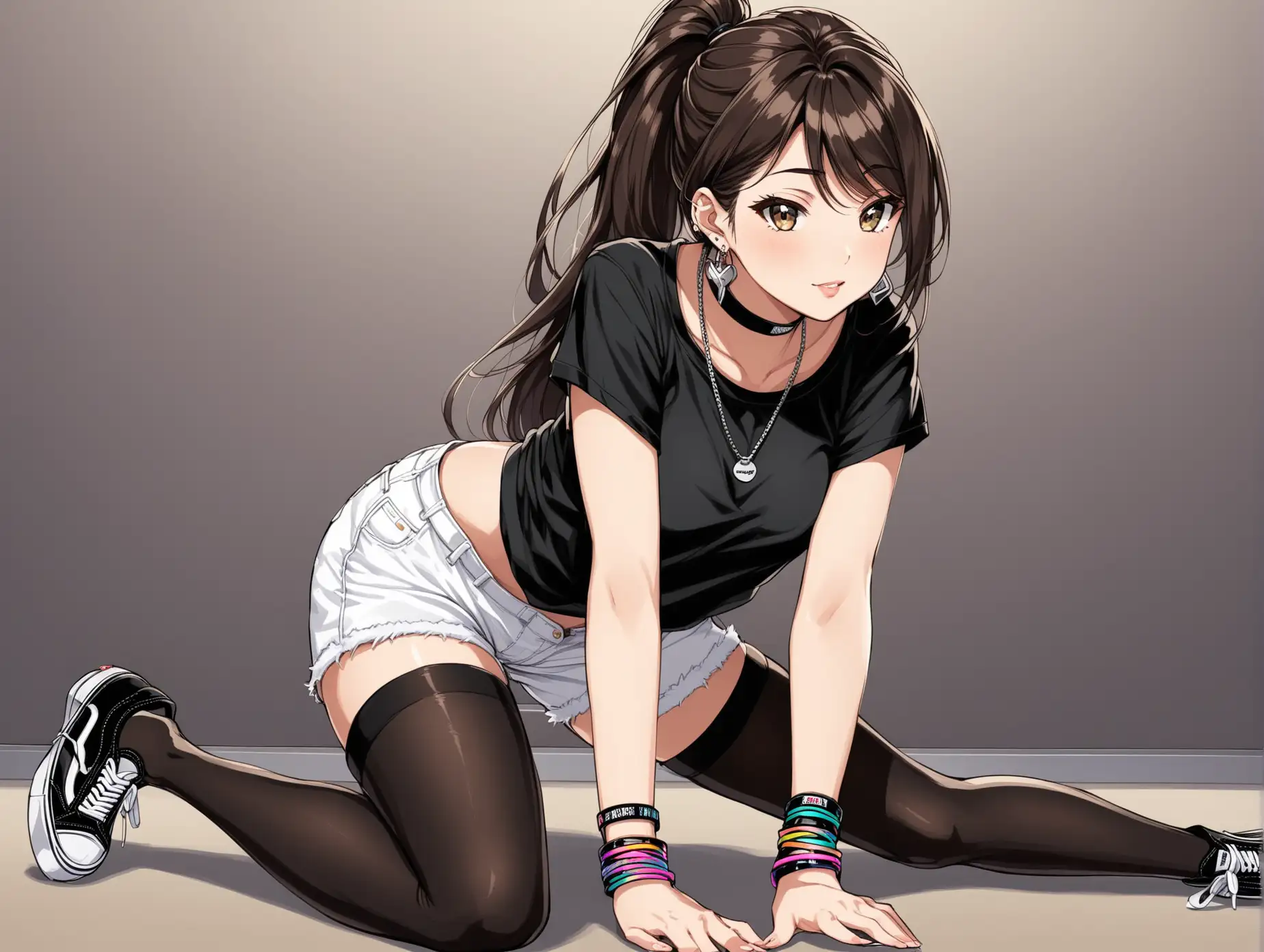Image of a sexy anime girl in doggy style position, age 25, brunette, long ponytail, black t-shirt, black pantyhose stockings, white shorts and Vans Old Skools sneakers, large earrings, choker, necklaces, wristbands