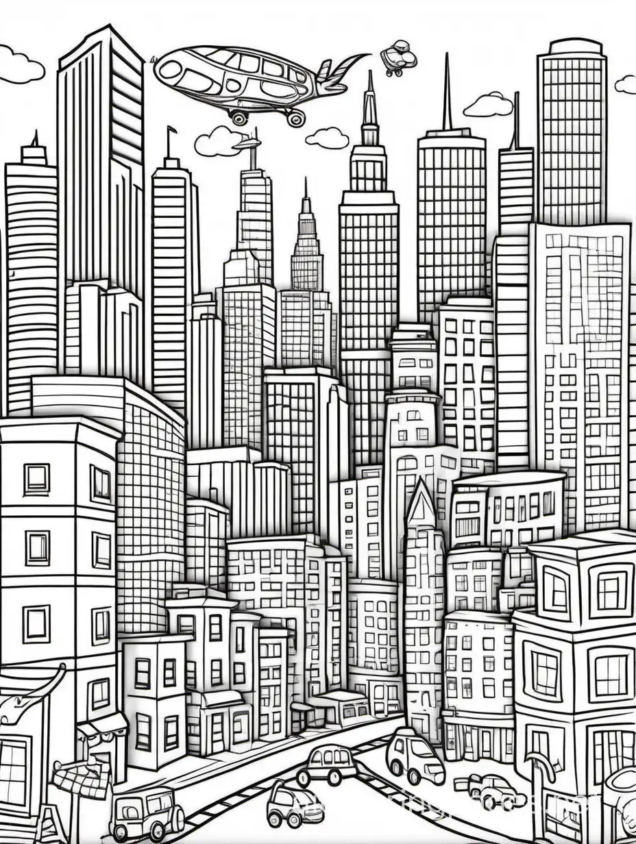 Generate a doodle cityscape with towering skyscrapers, quirky flying vehicles, and vibrant street life, Coloring Page, black and white, line art, white background, Simplicity, Ample White Space. The background of the coloring page is plain white to make it easy for young children to color within the lines. The outlines of all the subjects are easy to distinguish, making it simple for kids to color without too much difficulty