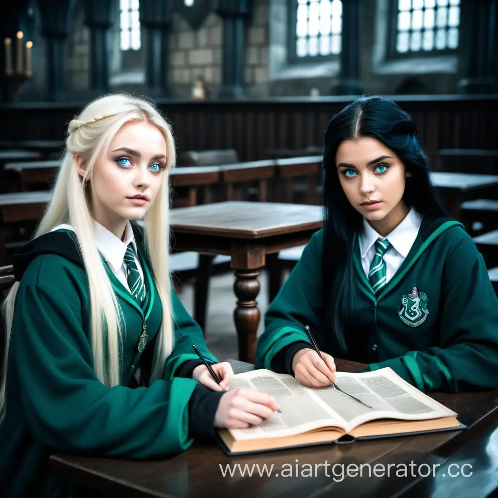 a beautiful young, attractive hot girl with blue eyes, with blond hair sat thoughtfully at the Hogwarts table with a friend next to a young beautiful girl with black hair, a square, in the form of Slytherin