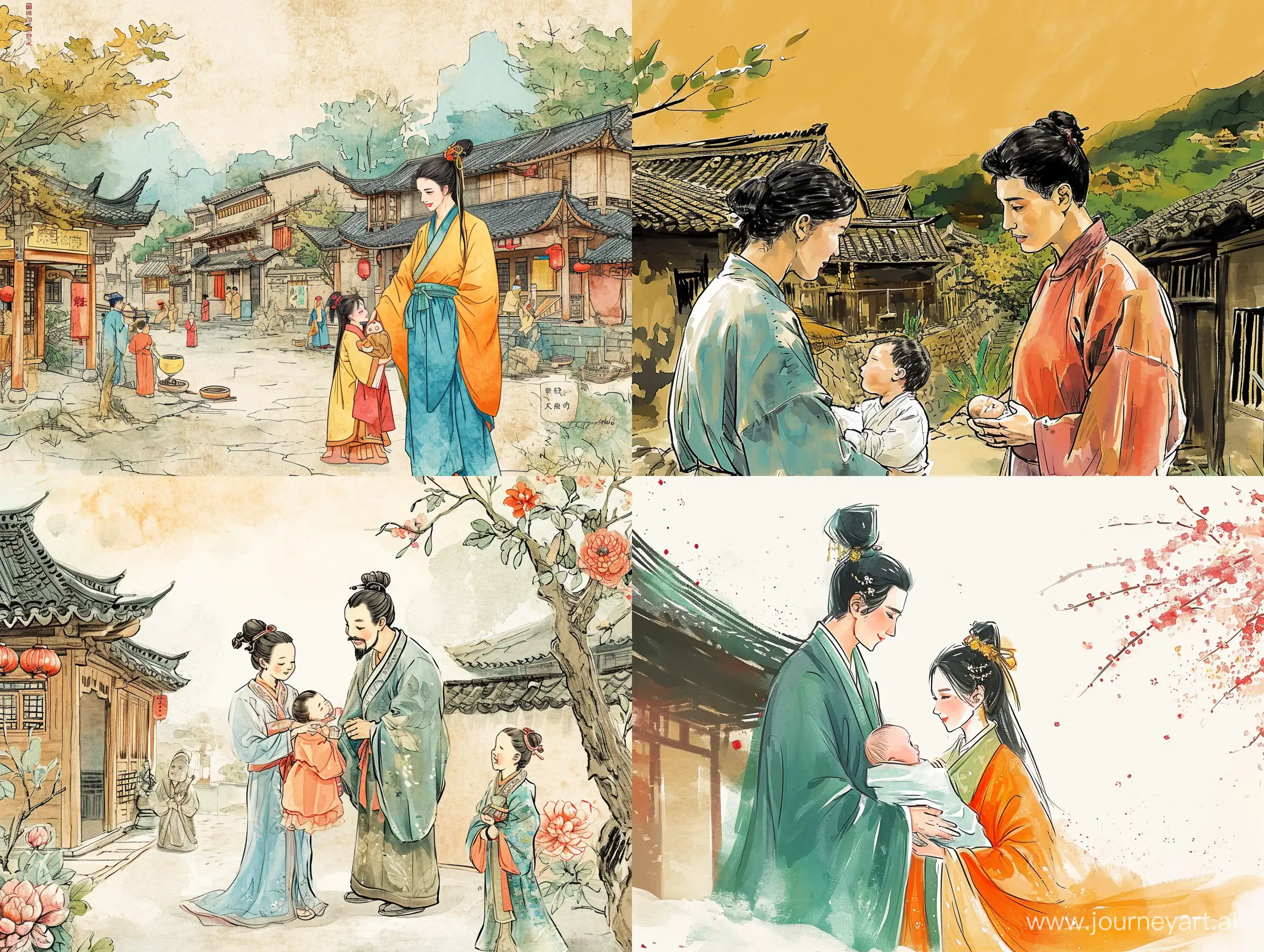 Colorful-Chinese-Style-Family-Welcomes-Newborn-Oriental-Ink-Painting-Masterpiece