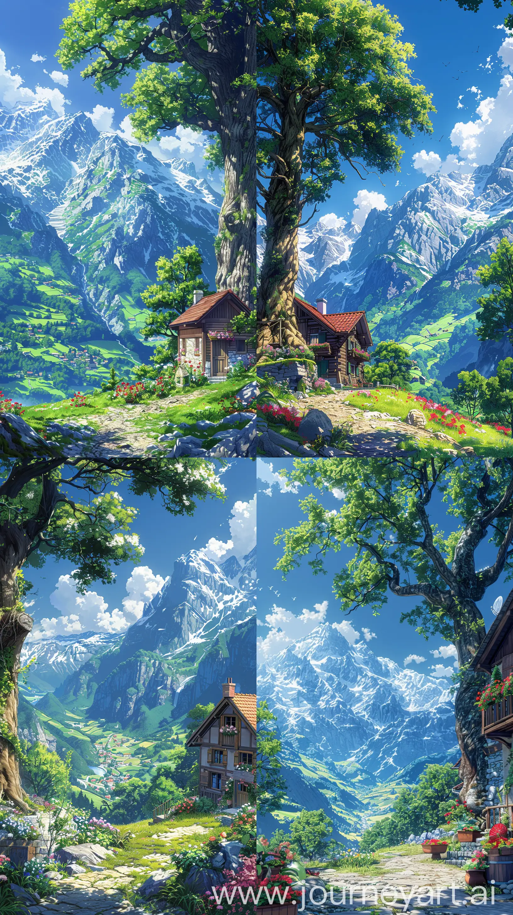 Anime scenary, illustration, mokoto shinkai style, beautiful swiss mountains, cottage besides big tree, direct front facade ,beautiful summers,decorating with flowers, valley, beautiful anime scenery, illustration, ultra hd, High quality, sharp details, no blurry image no hyperrealistic --ar 9:16 --s 600