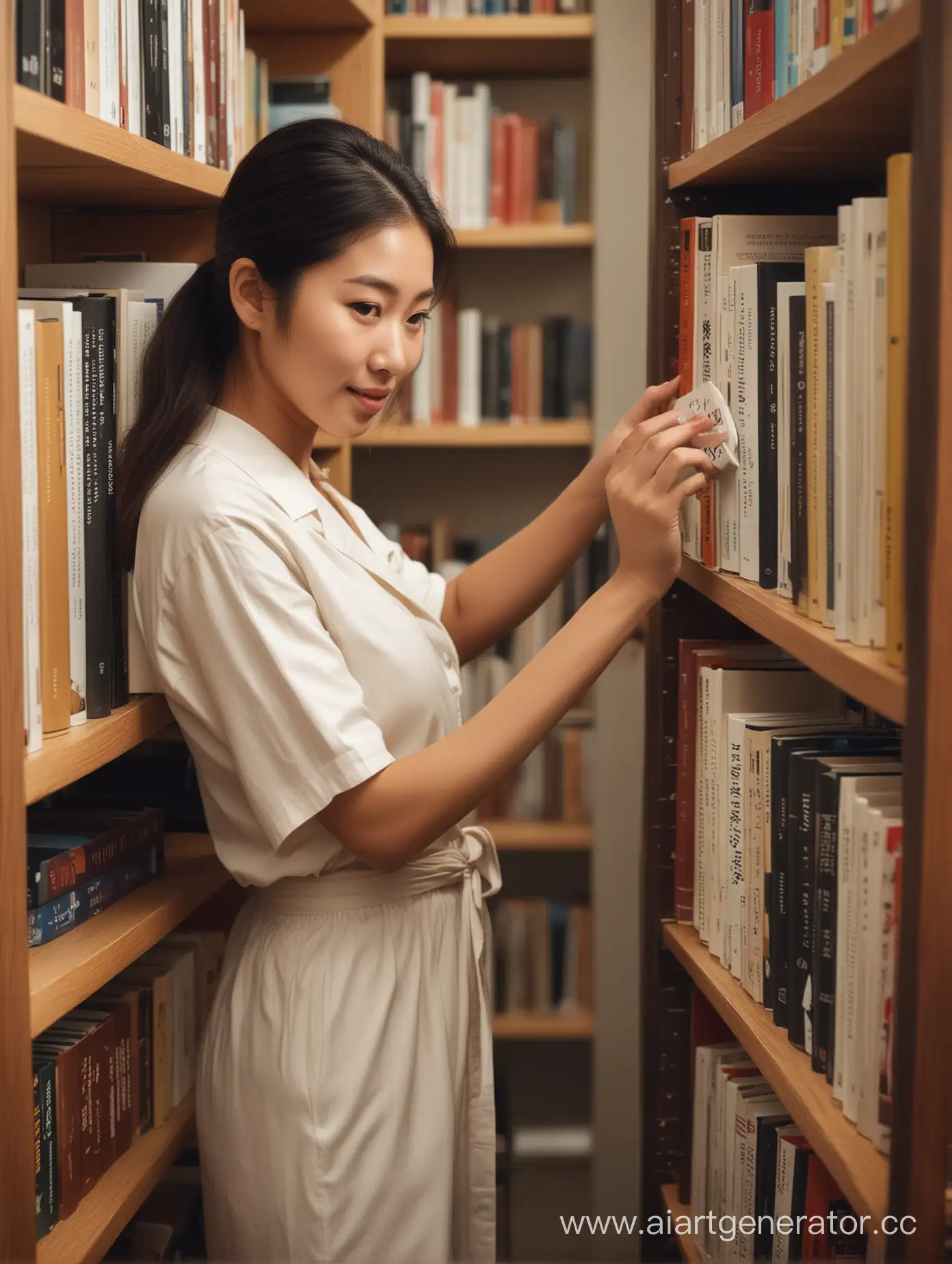 Asian-Woman-Selecting-Book-from-Bookshelf