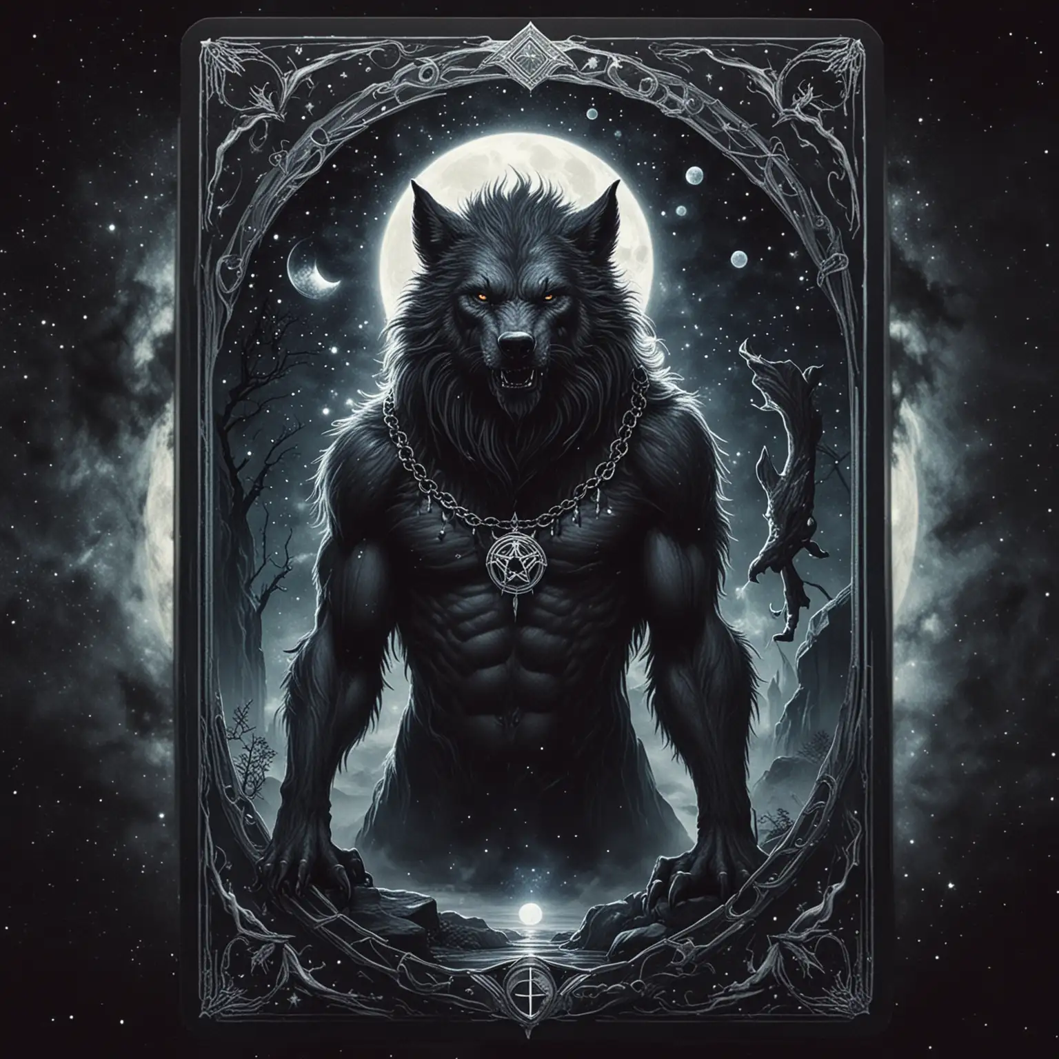 Mystical Tarot Card Werewolf under Celestial Night