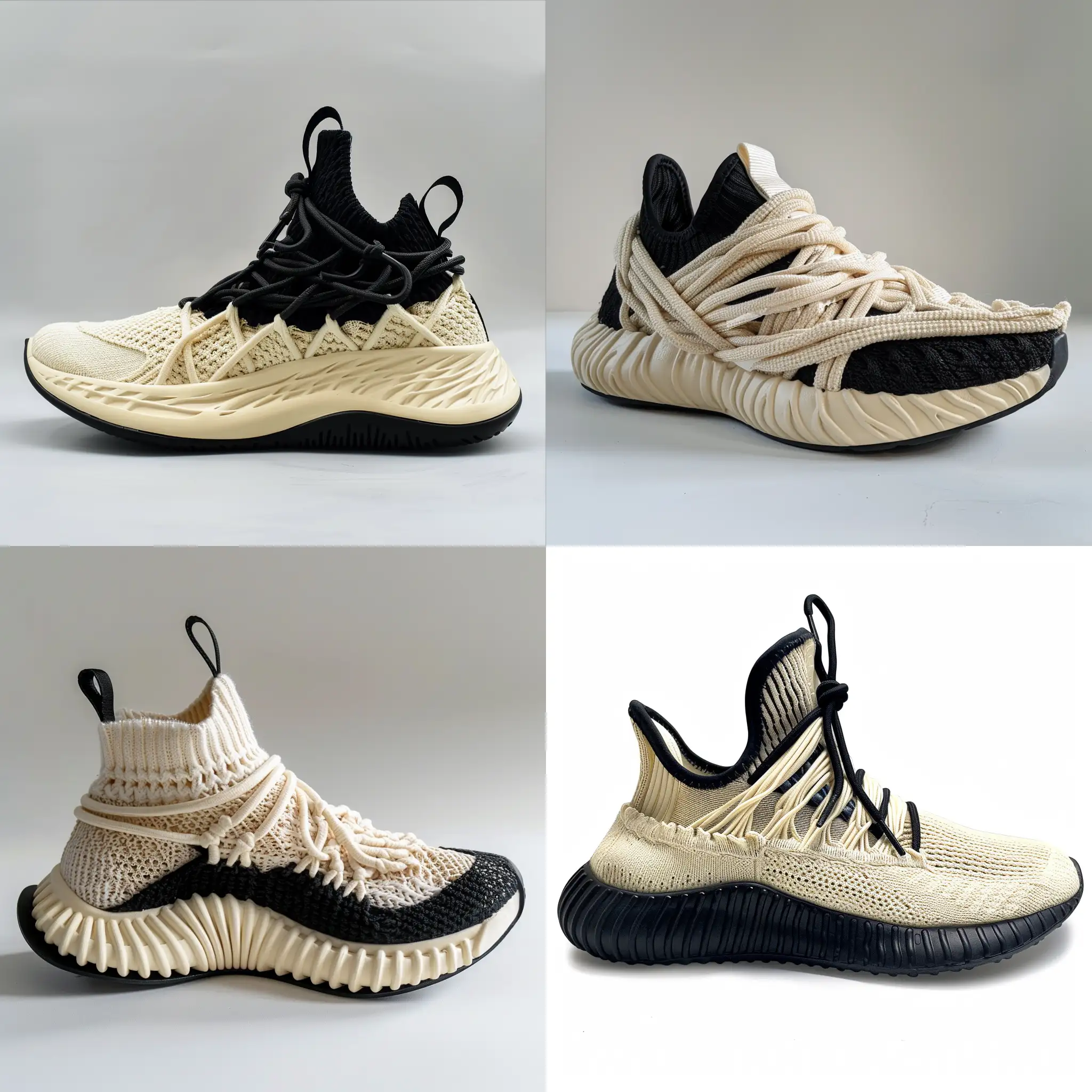 Sneakers design , running and sports , inspired by knitted fabrics , cream color rubber midsole , knitted cables on midsole , some knitted cables on upper , upper color black and cream , low neck , black outsole