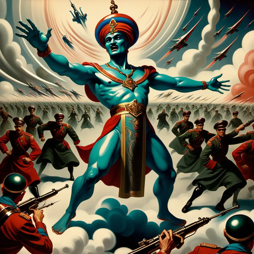 a Genie callously defeating the Russian army in Futurism style