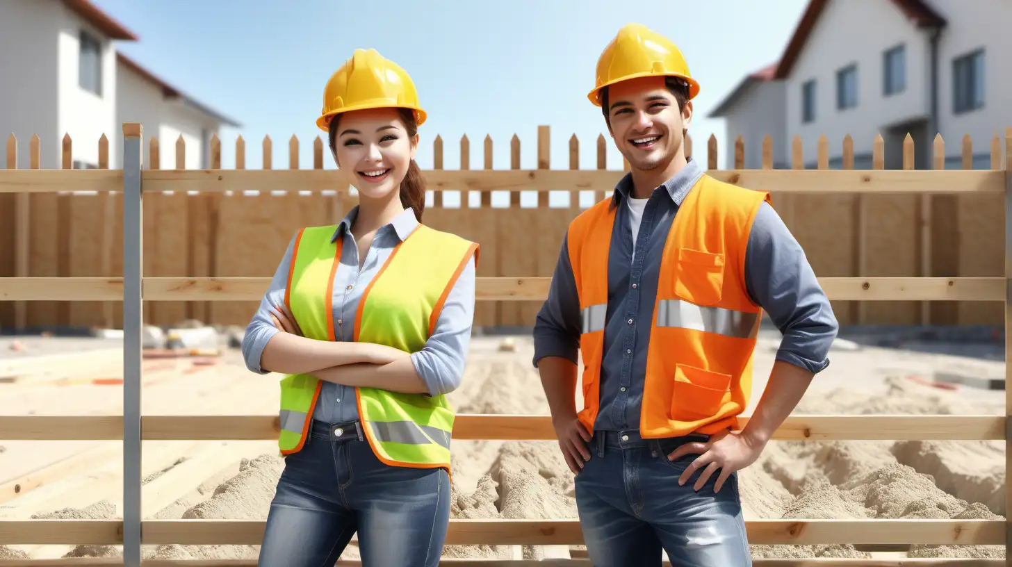 Construction helper, fence construction, happy, modern helper, young team, bright atmosphere, photorealistic, high quality render