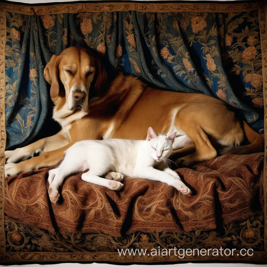 un gros chien et un chaton qui dorment ensemble sur un grand coussin fait en tapisserie flamande