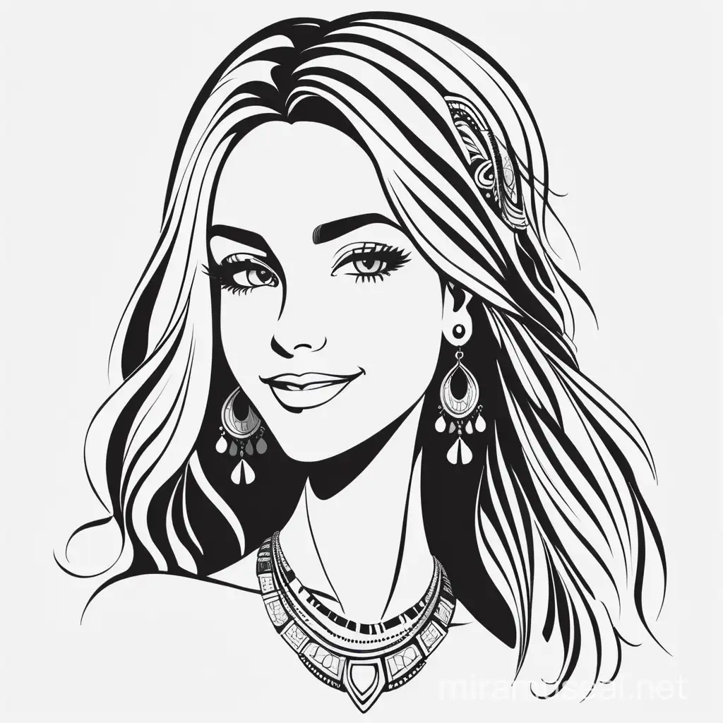 logo woman,  smiliing, slim jawline, looking at you, wearing earrings and necklace boho , 3/4  face, with long hair, vector, black and white  vector
