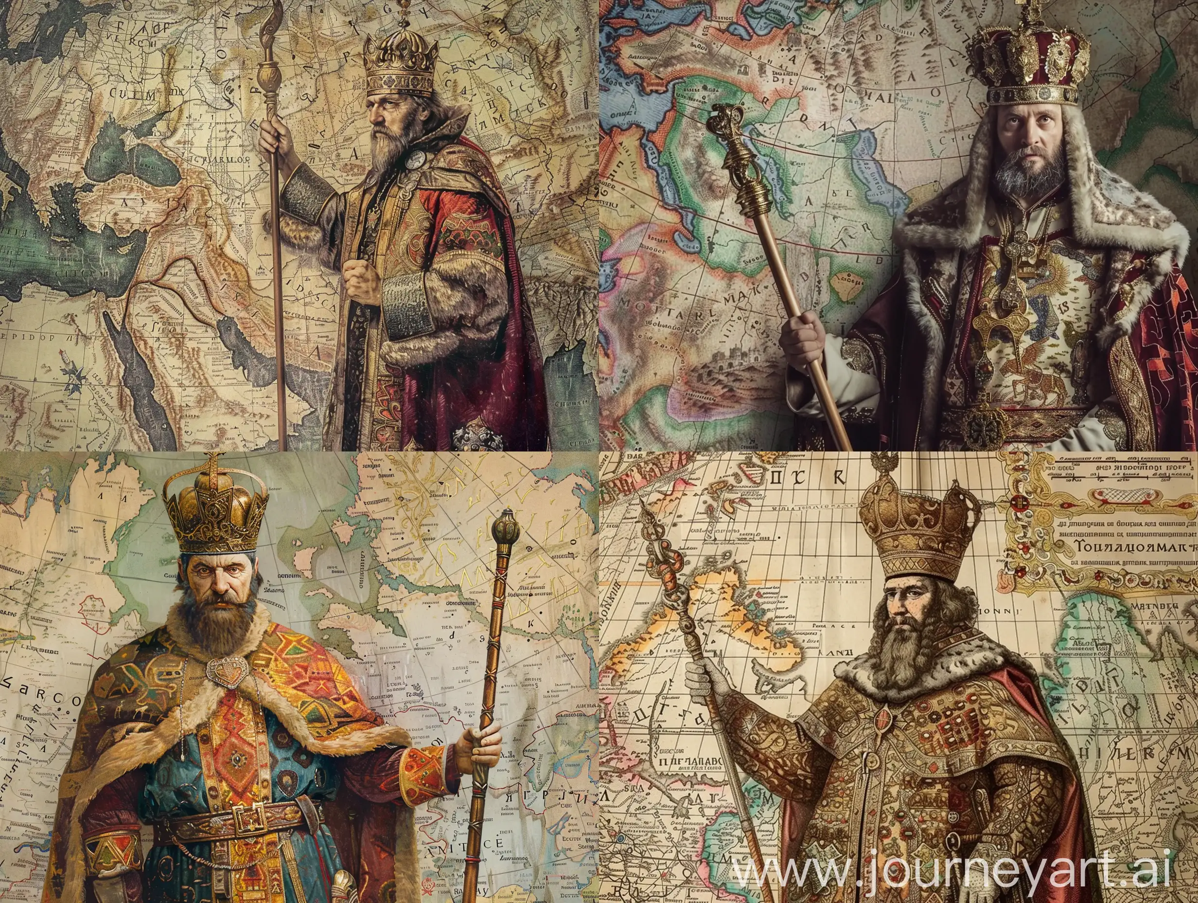 Московский князь Иван Третий в шапке Мономаха и с посохом, на фоне карты Древней Руси