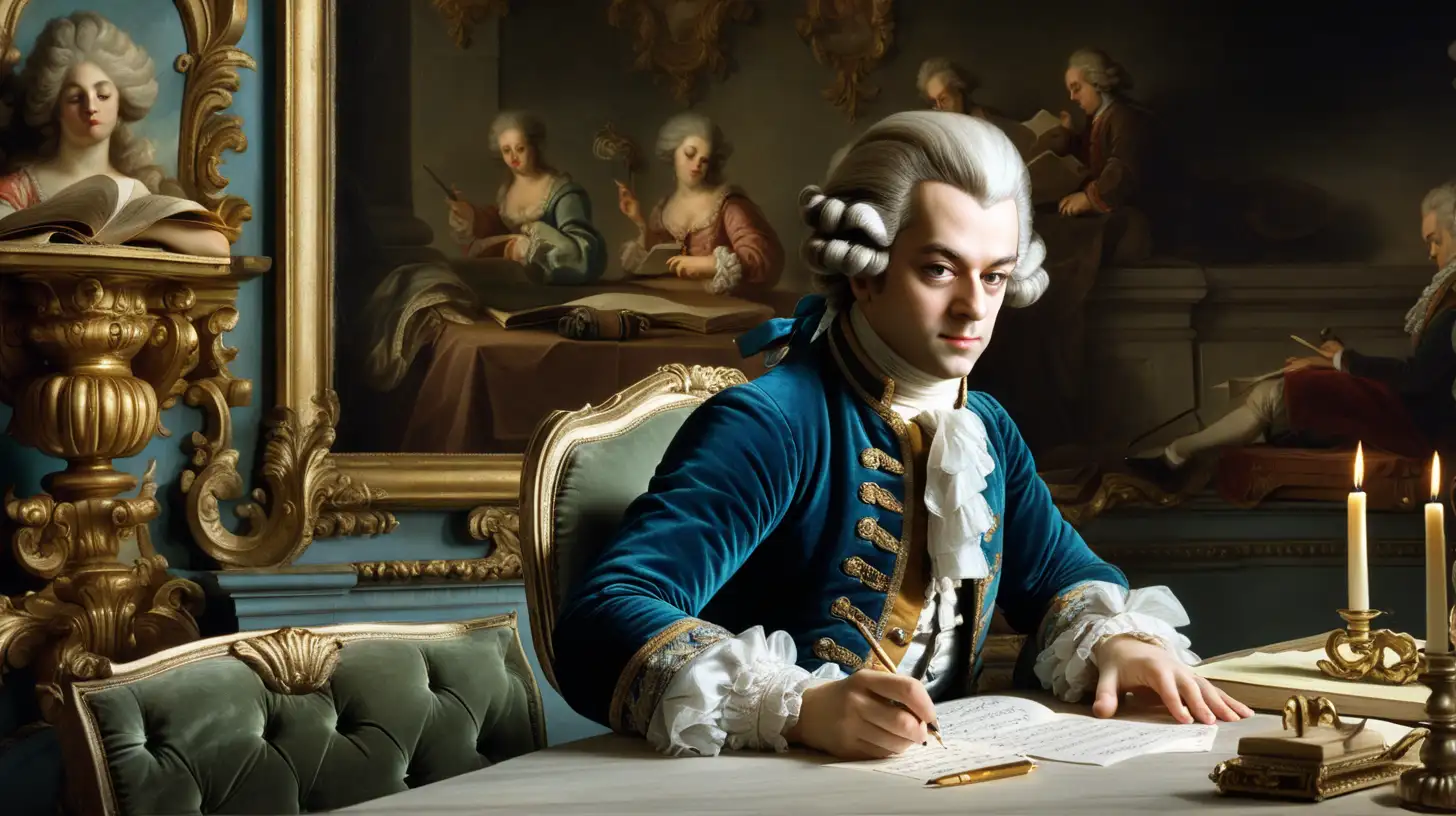 Моцарт сидит за столом и пишет ноты сонаты на фоне стиля барокко 
