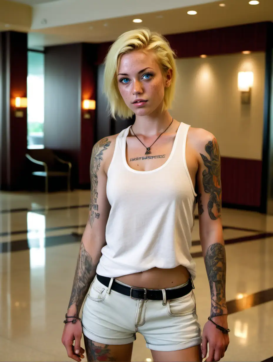 hot fit cute 28 year old model, some freckles only on face, perfect realistic wider blue eyes, short chin length yellow hair with black highlights, realistic natural skin tone, long angular germanic face, standing in hotel lobby, wearing white tank top, tight black shorts, combat boots, super skinny, some tattoos, intimate close up, looking up at camera, full body shot,  masterpiece, natural light, hyper-realistic atmosphere, Using: high-resolution photography, natural colors, dynamic composition, --v 6, 0