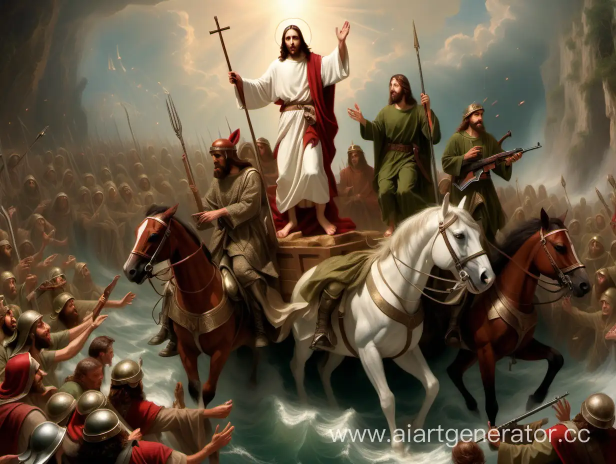 изобразить Иисуса в сопровождении военных войск и эльфов