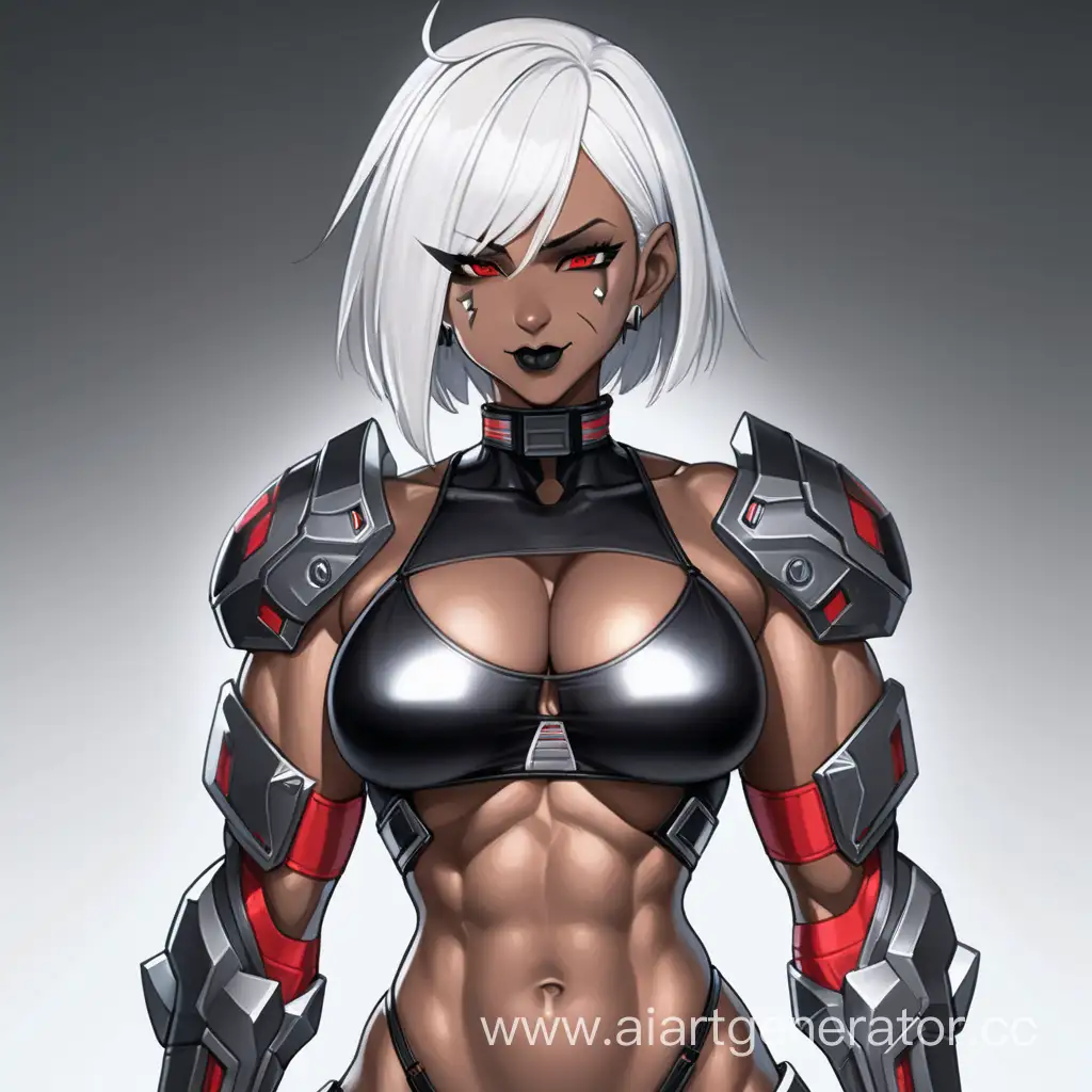 Deep Space, 1 Person, Women, Human, White hair, Long Rabit Ears, Short hair, Spiky Hair style, Dark Brown Skin, Black Full Body Suit, Black Body Armor, Chocer,  Black Liptsick, Serious smile, Big Breasts, Scarlet Red eyes, Sharp Eyes, Flexing Muscles, Hard Abs, Toned Abs, Big Muscular Arms, Big Muscular Legs, Well-toned body, Muscular body, 