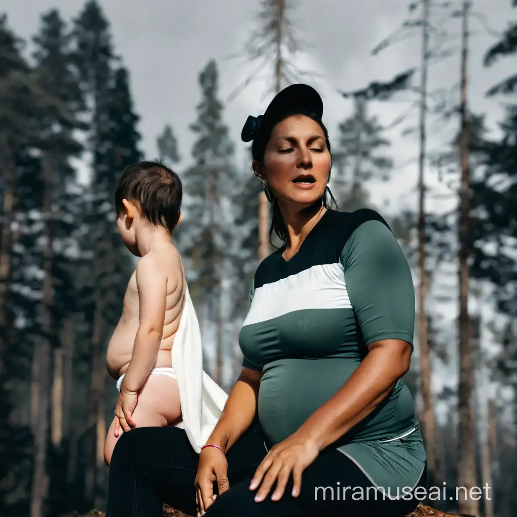 A woman breastfeeds her baby in the forest