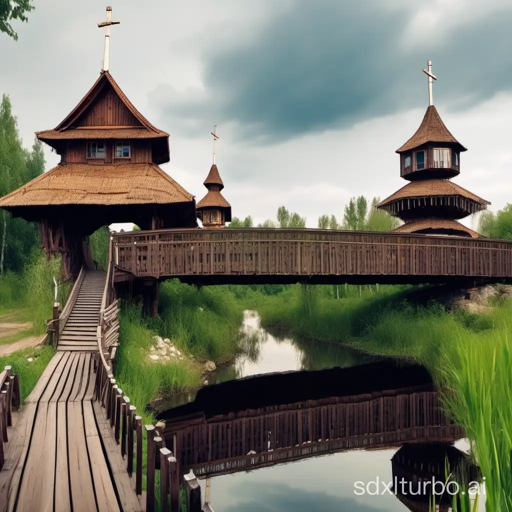 The bridge in the village over the river is next to a temple and a military wooden museum. A modern wooden bridge, in the style of an old one. Russian village pedestrian bridge over the river