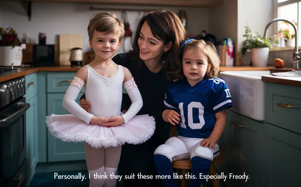 (((Gender role-reversal))) full-body photograph, Photograph of a mother dressing her young son, a thin cute boy age 5, up in a professional white low ballerina silky leotard with long straps and frilly tutu dress with frilly armbands and frilly short socks, and she has dressed her young daughter, a girl age 4, up in a blue football uniform, in a kitchen, adorable, perfect children faces, perfect faces, clear faces, perfect eyes, perfect noses, smooth skin, the photograph is captioned “personally, I think they suit these more like this. Especially Freddy “