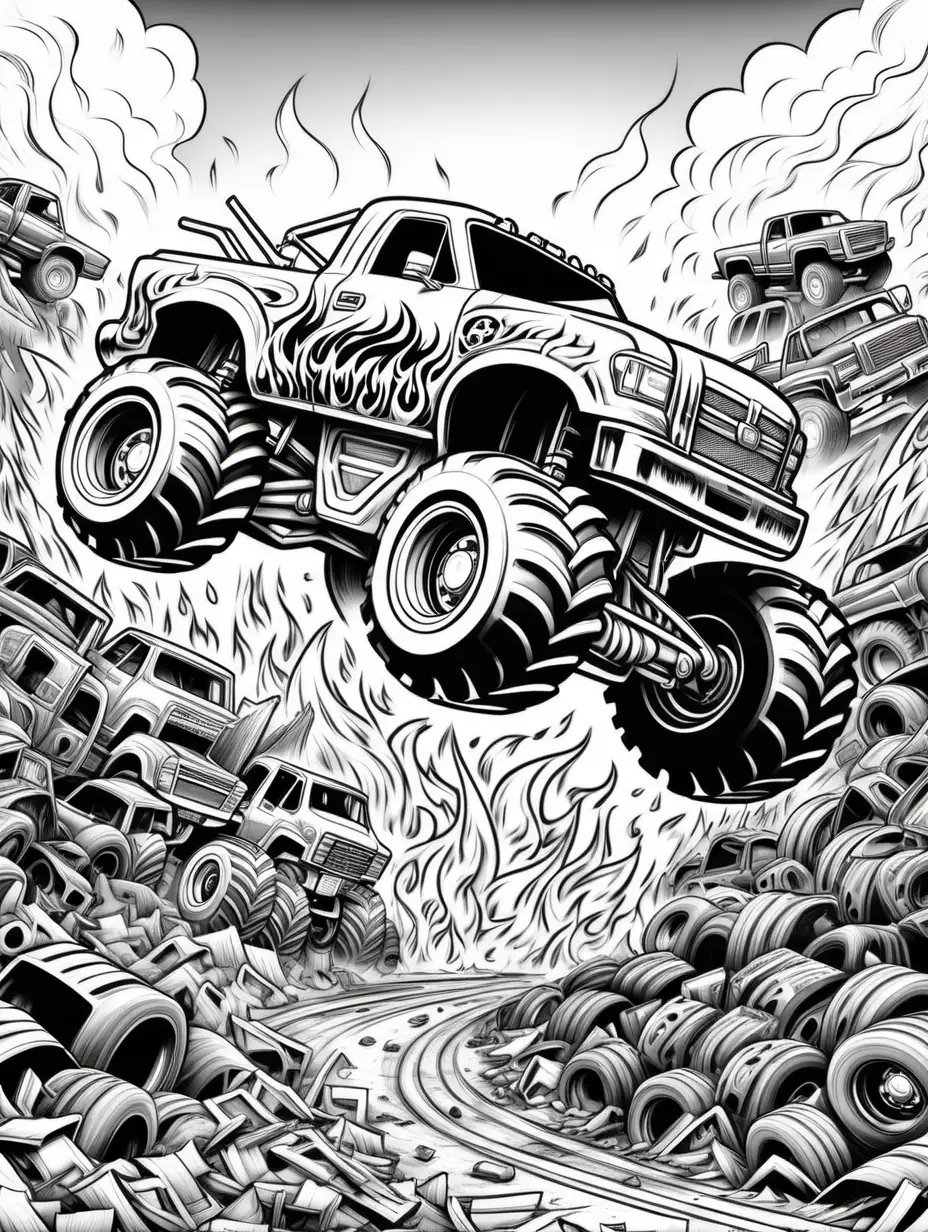 coloring pages for kids, 2 large monster trucks with painted flames rolling over a high pile of crushed junk cars fire flames in background, cartoon style, thick lines, low detail, black and white, no color
 --ar 85:110