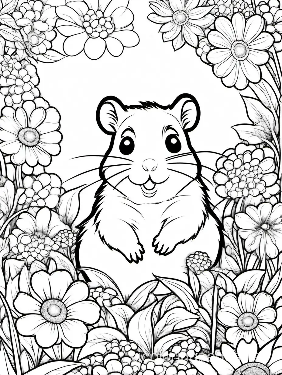hamster  in flowers for adults for women, Coloring Page, black and white, line art, white background, Simplicity, Ample White Space. The background of the coloring page is plain white to make it easy for young children to color within the lines. The outlines of all the subjects are easy to distinguish, making it simple for kids to color without too much difficulty