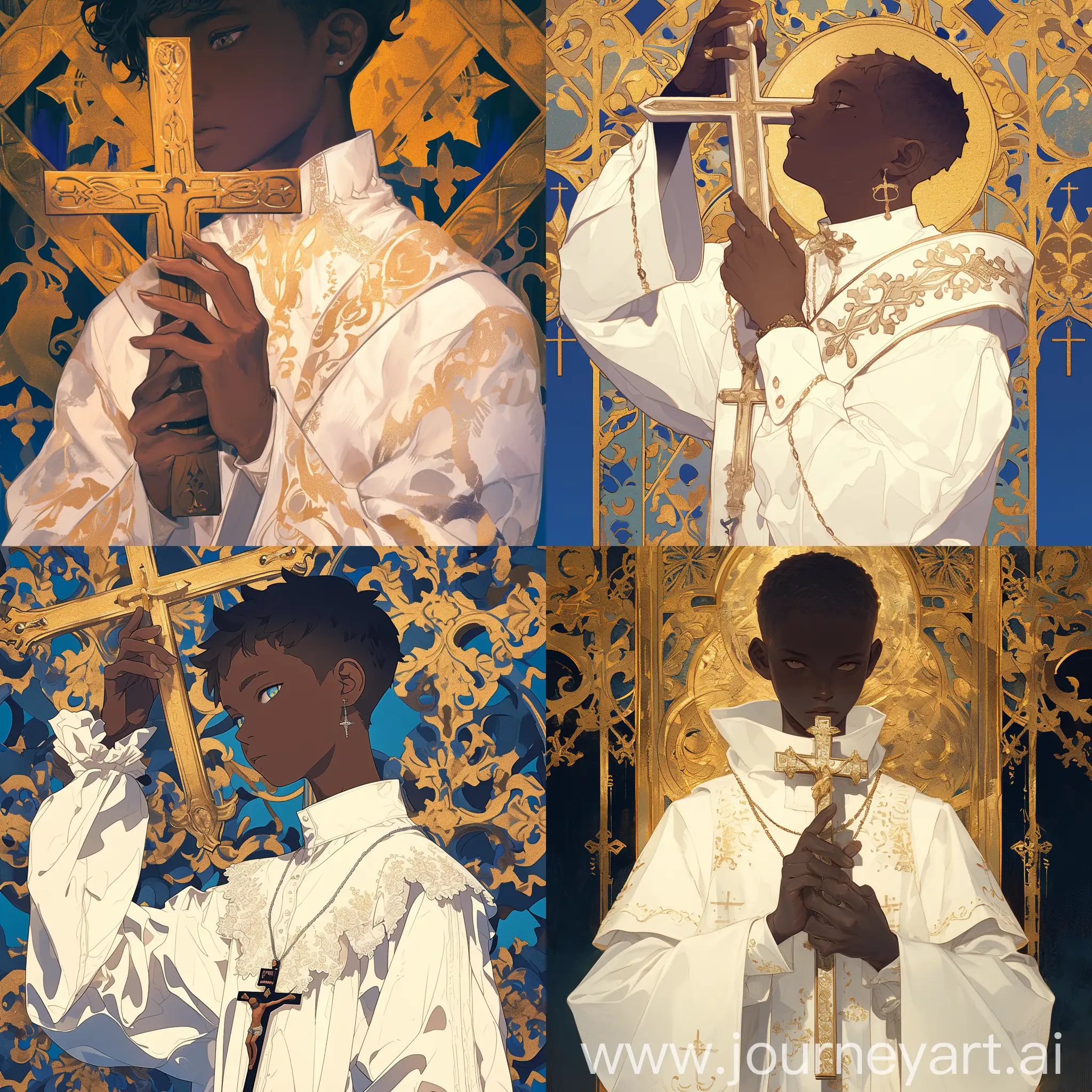 a dark skin boy in white holding a crucifix, in the style of
bold graphic comic book art, rococo pastel colors,
anime-inspired, hyper-realistic portraits, dark azure and
gold, gender-bending iconography, victorian-inspired
illustrations --niji 6