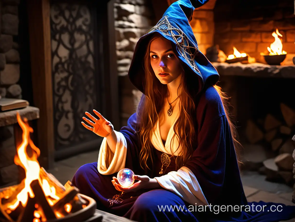 young sorceress, sitting by a crackling fire, cozy tavern, sorceress draped in a flowing robe, adorned mystical symbols, pointed hat veil, long hair glowing crystals, holding crystal ball, other hand gesturing incantation, warm atmosphere, wooden beams, stone fireplace,fire illuminates casting shadows face, expression serene and focused,
