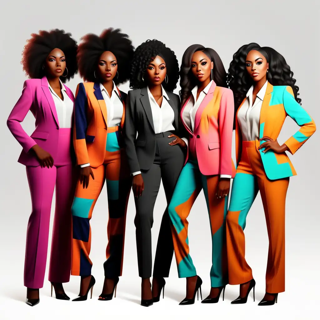a group of beautiful black women in pretty colorfulbusiness suits with a tumbler in hand full body, transparent background