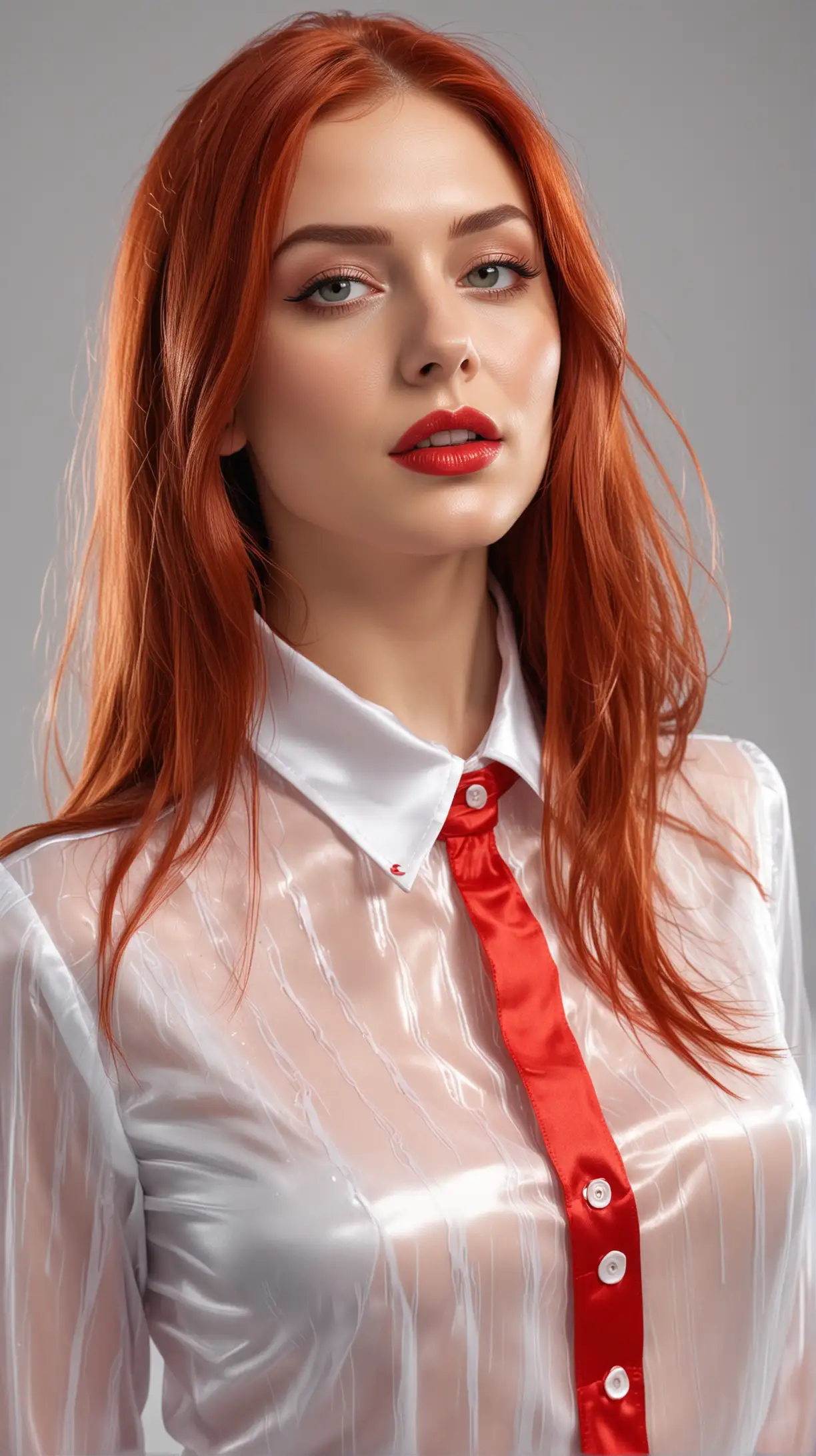 Realistyc color scene brested women in elegen secretary focus face red head long hair and red lips shinig satin blouses white transparent strippes whit a stiffened collar, great attention to additional elements such as seams, buttons, material texture covered by slime goo well-lit composition, bright background, focus on face in sensual smile slime goo on her full body pose