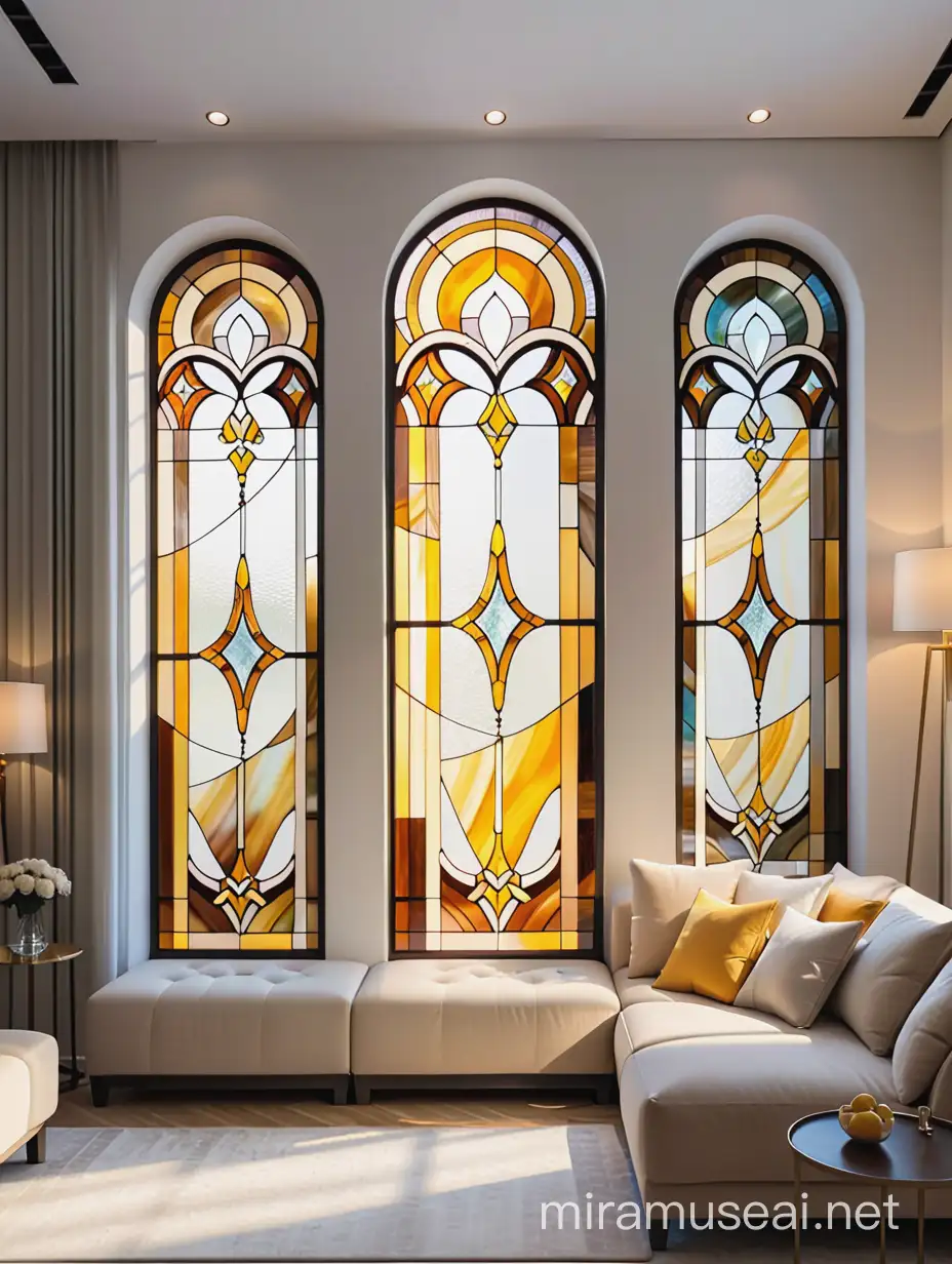 Абстракция витражи тиффани из белого, желтого и бежевого светлого стекла в интерьере гостиной