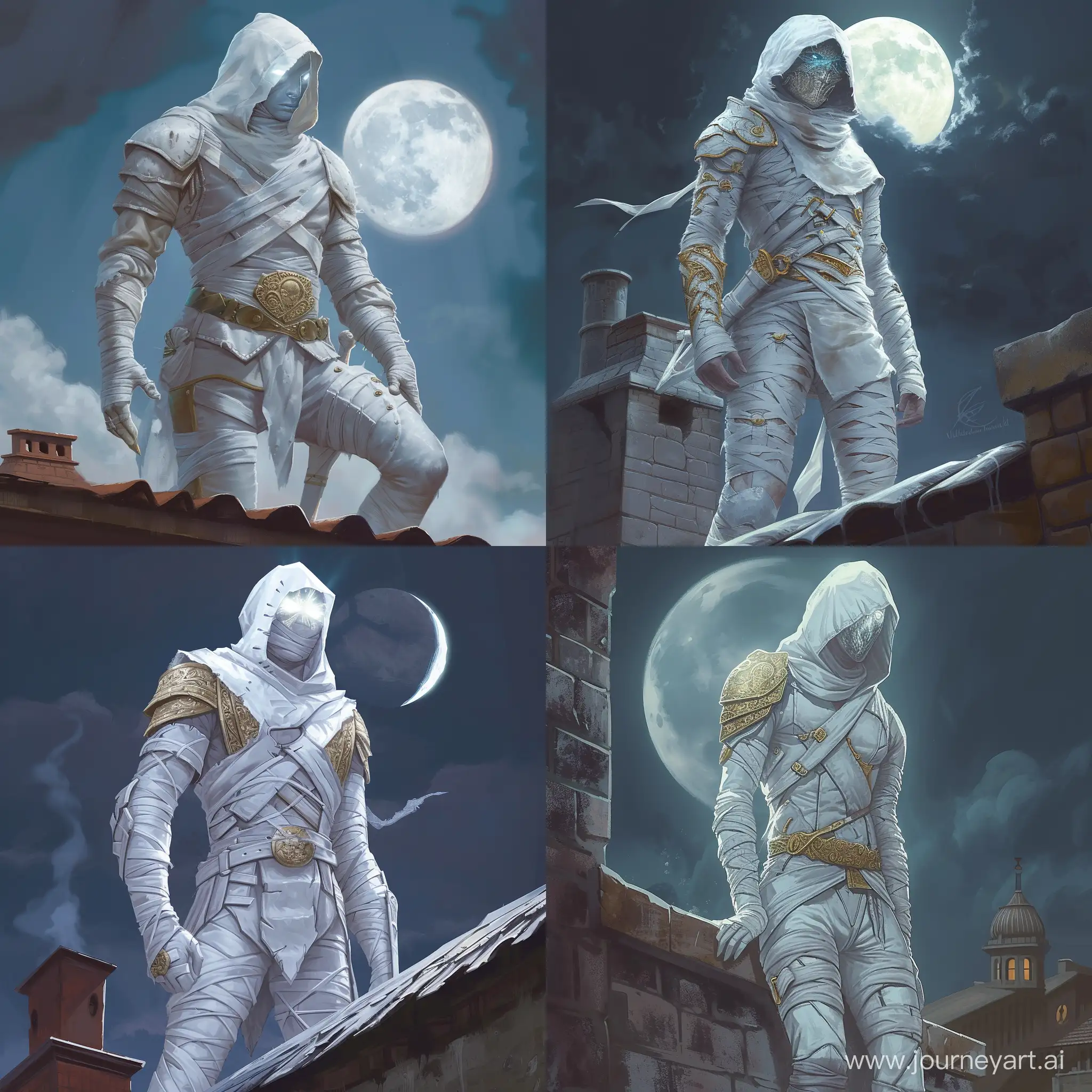 Draw a character from the Dungeons and Dragons universe according to the following description: He is a 30 years old male changeling dressed in white leather armor sparingly ornated with pale gold. He has mummy-like bandages on his arms, legs and his waist. His head is covered with a white hood, and his mouth is covered with an ornate rogue mask, his eyes are shimmering with white light. His skin is light grey, almost white like ash. He is watching from the rooftop, with a full moon on the background