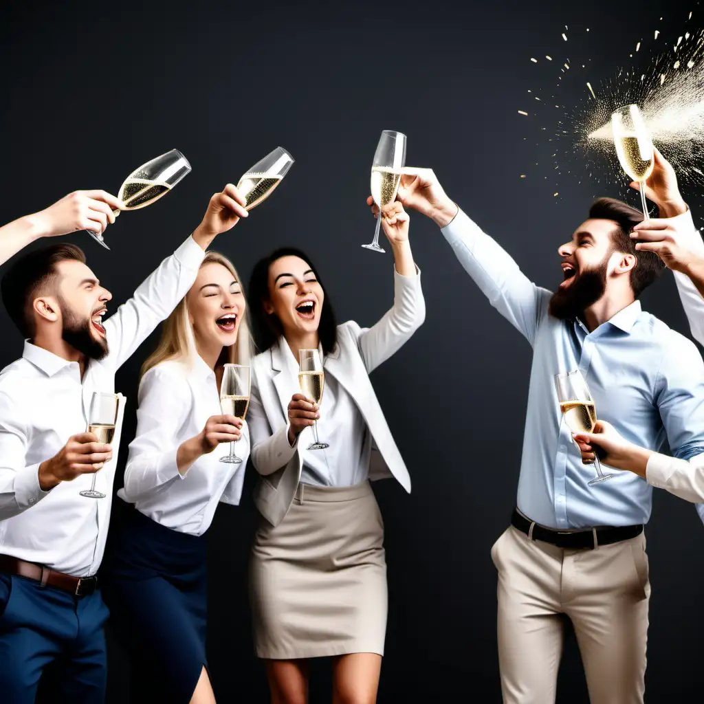 successful marketing campaign. WHITE Employees popping champaign while celebrating.
