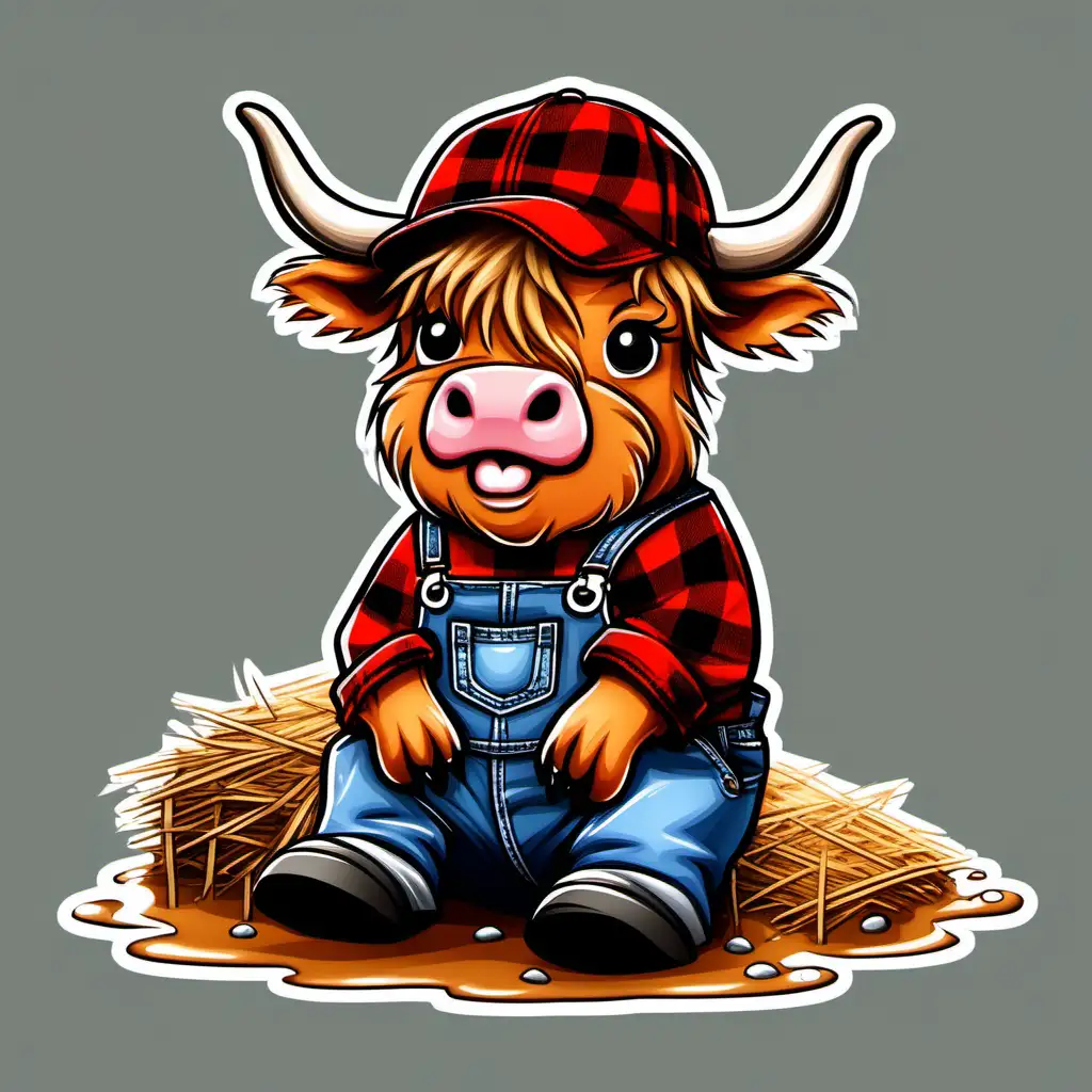 Adorable Chibi Highland Cow Enjoying Mud Puddle with Denim Bibs and Flannel Shirt