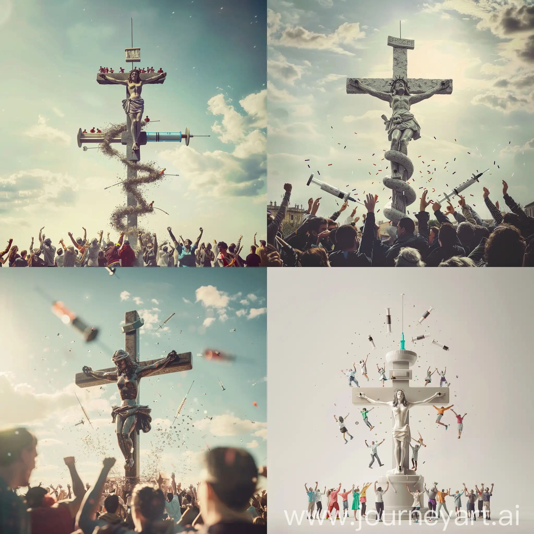 A monument which represents a crucified female nurse. The monument is surrounded by living people celebrating. The cross is shaped as a syringe.