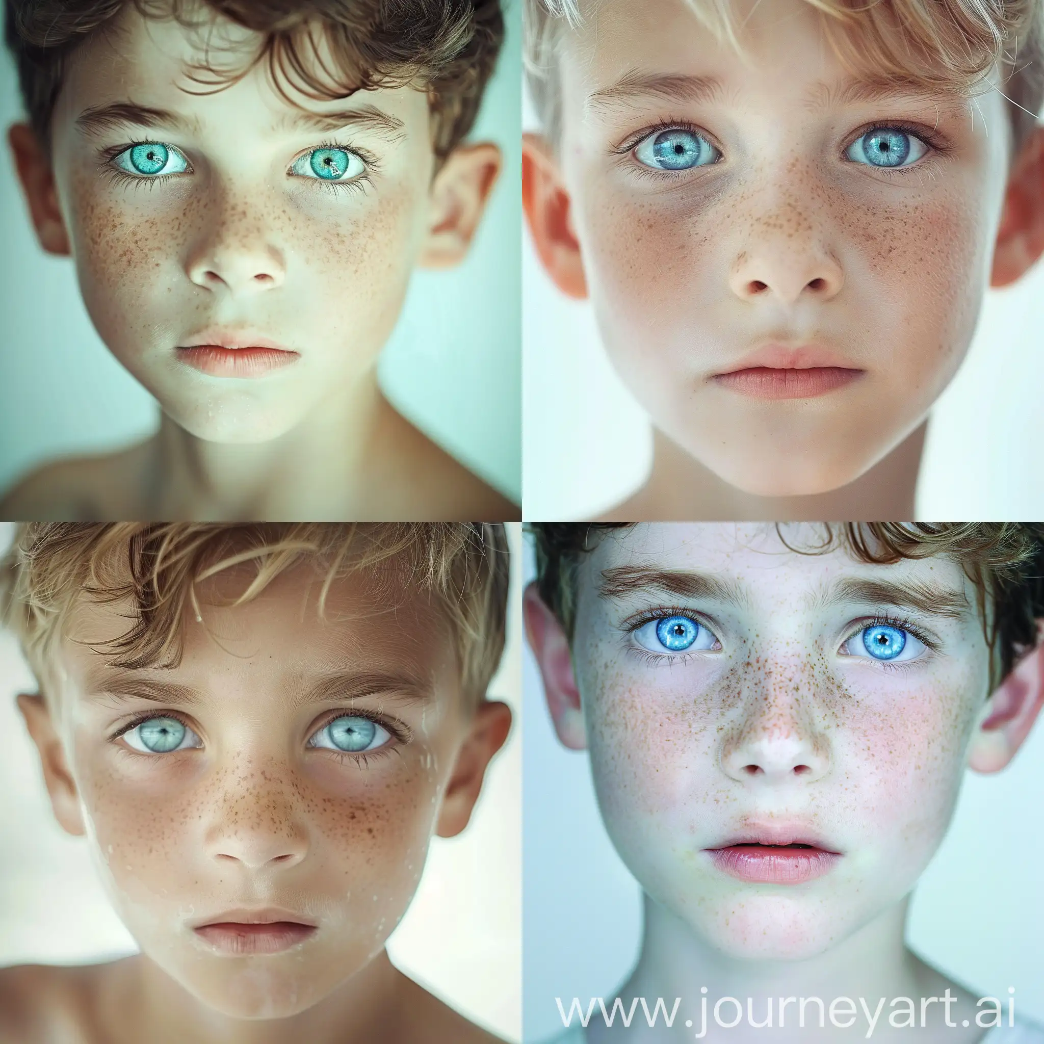 Young cute european (german) boy aged 10-12 with beautiful blue ocean like eyes and a white skin. the skin has no imperfections and hes looking into viewers eyes.
