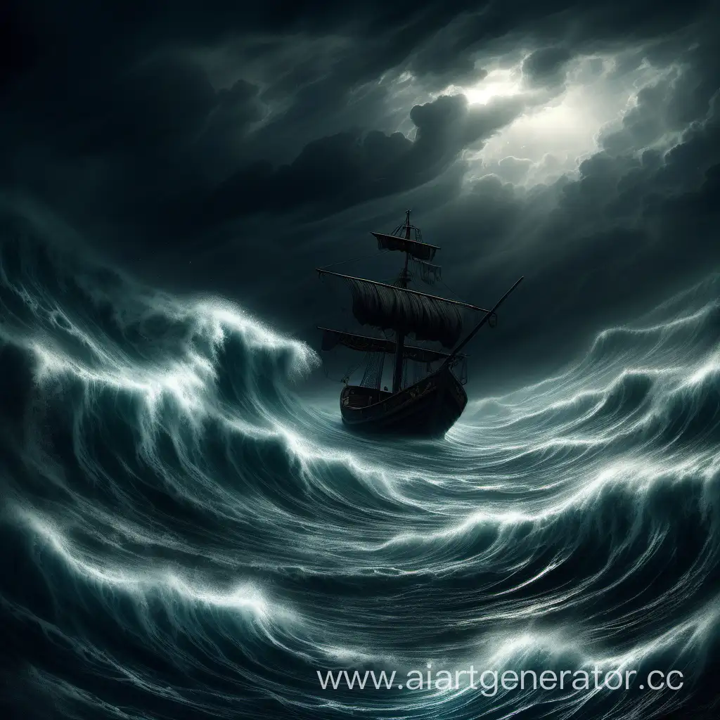 Бушующий океан, мрак, маленькая лодка на гребне девятого вала