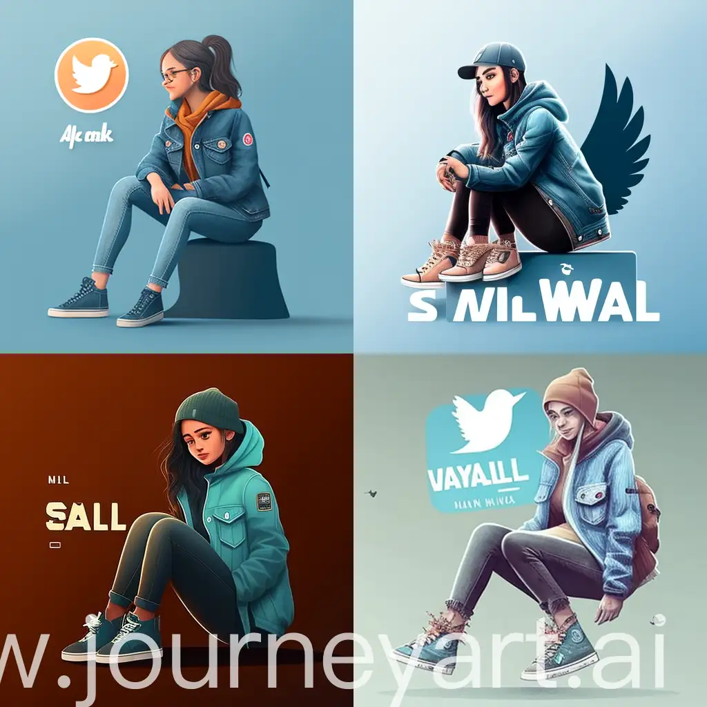 create a 3D illustration of an girl animated character sitting casually on top of a social media logo "Twitter". The character must wear casual modern clothing such as jeans jacket and sneakers shoes. The background of the image is a social media profile page with a user name "najat" and a profile picture that match.