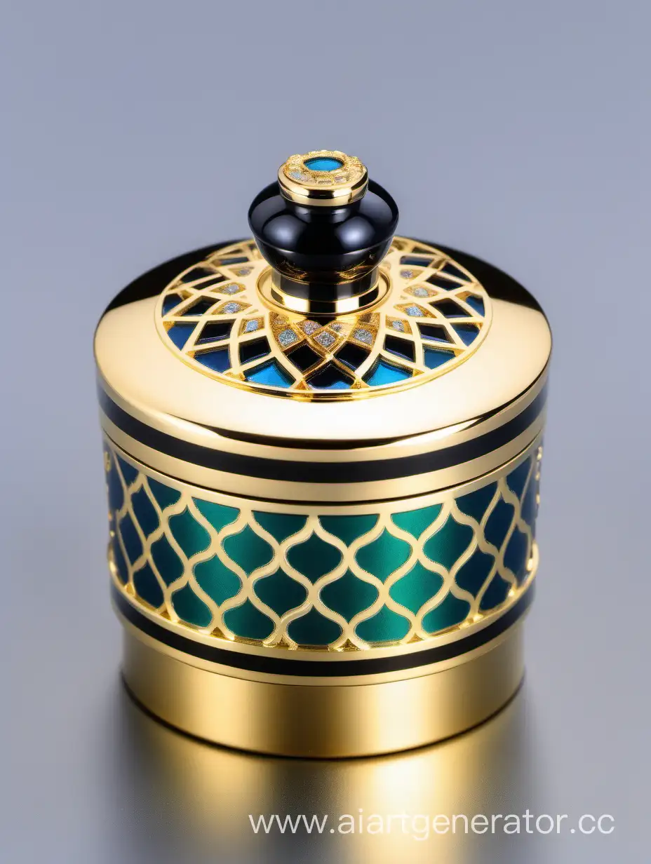 Luxury Plastic Perfume decorative ornamental long double height cap, gold color with black and dark green blue border line arabesque pattern round shaped metallizing finish with diamond on top